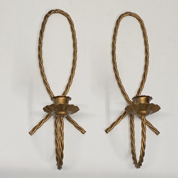 Unbranded Other - Vintage Wall Sconce Pair Gold Twisted Rope Metal Scalloped Set of 2